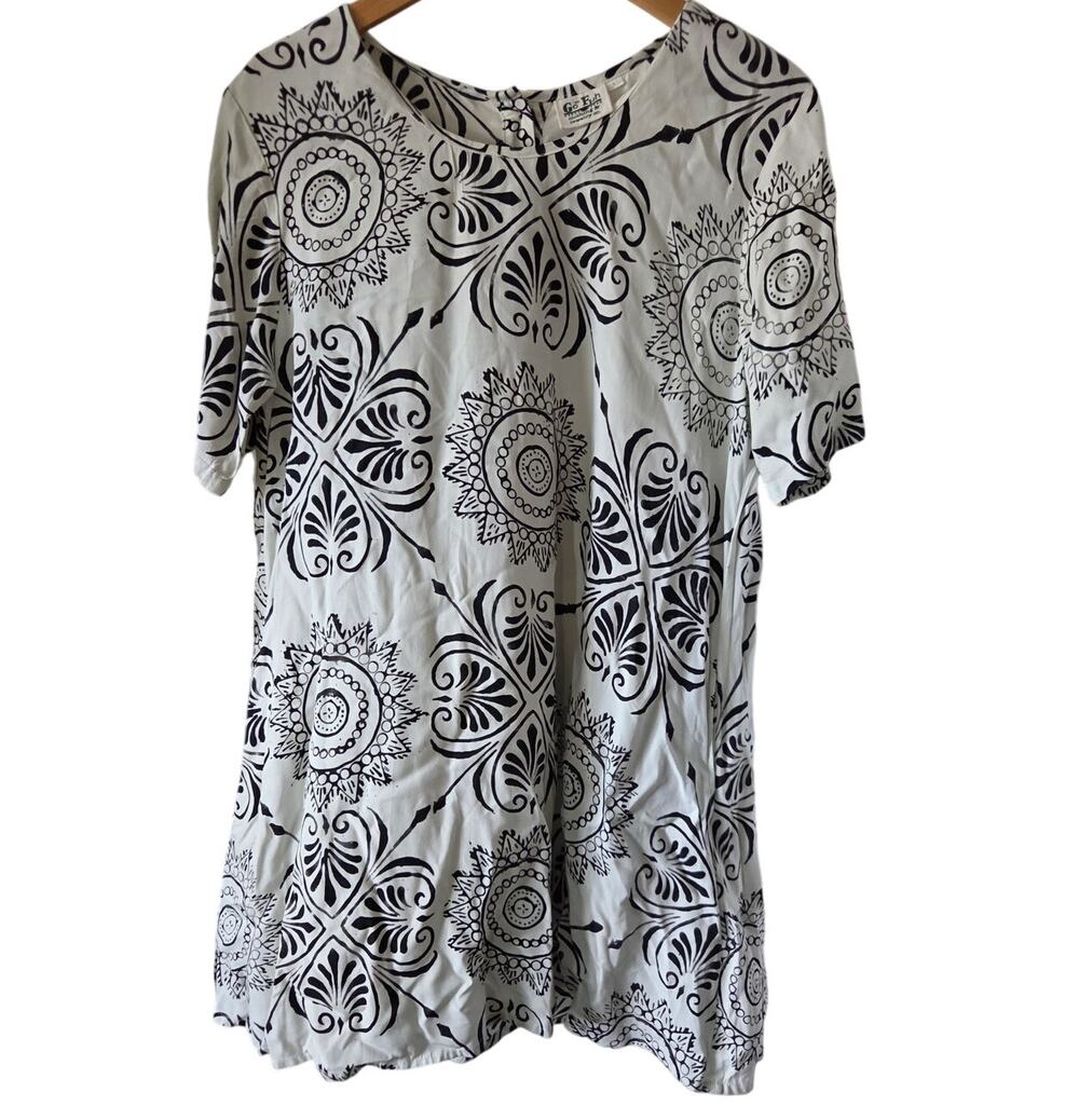 Go Fish Large DRESS Black White Rayon Art To Wear Lagenlook Tribal